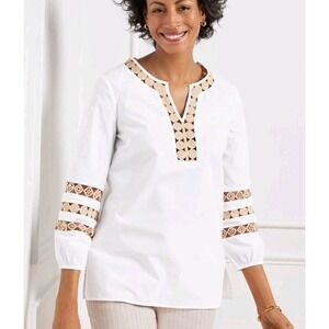 NWT Talbots Lace Trim Poplin Top Size XL Bohemian Cotton White Casual $109